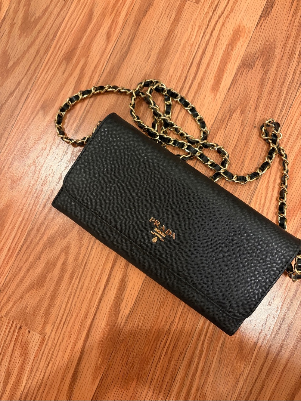 Black Logo Saffiano Leather Chain Wallet